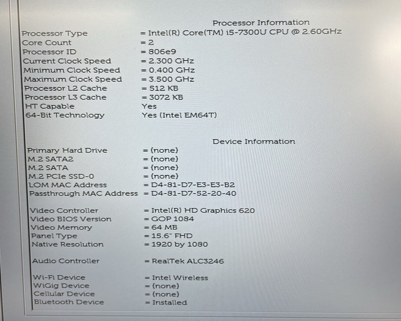 Dell Latitude 5580 15.6" i5-7300U 2.60 GHz 8 GB RAM No SSD/OS/Batt - Bad Corner