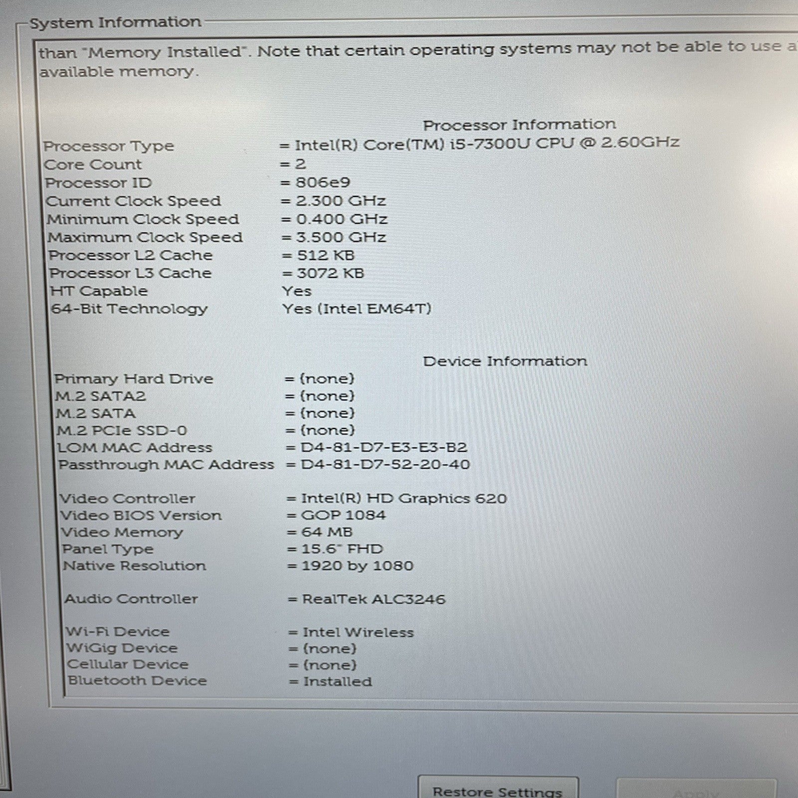 Dell Latitude 5580 15.6" i5-7300U 2.60 GHz 8 GB RAM No SSD/OS/Batt - Bad Corner3