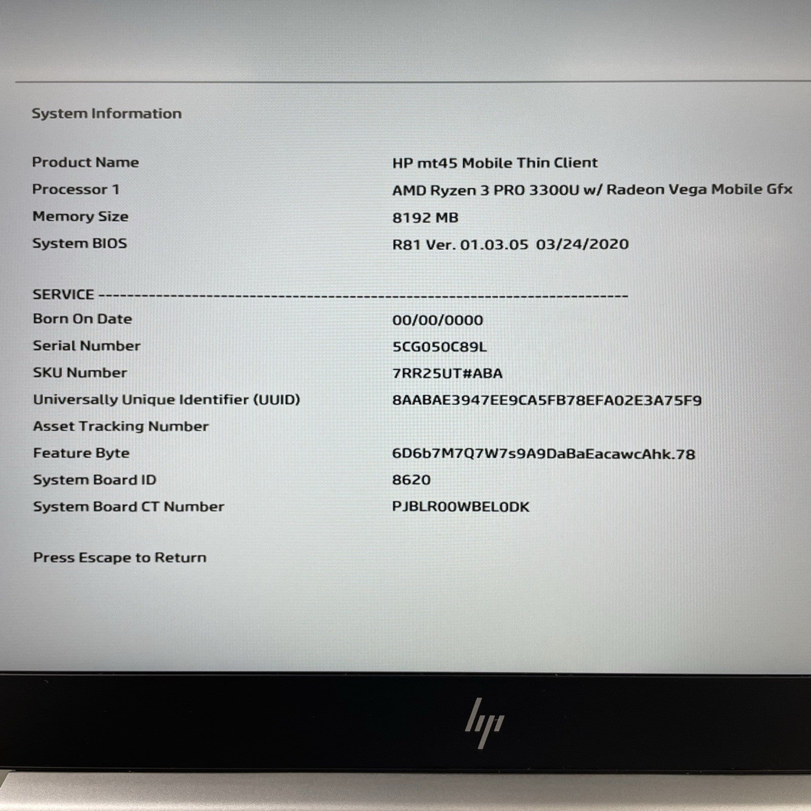 HP MT45 Thin Client 14" AMD Ryzen 3 Pro 3300U 2.10 GHz 8 GB RAM No SSD/OS/AC2