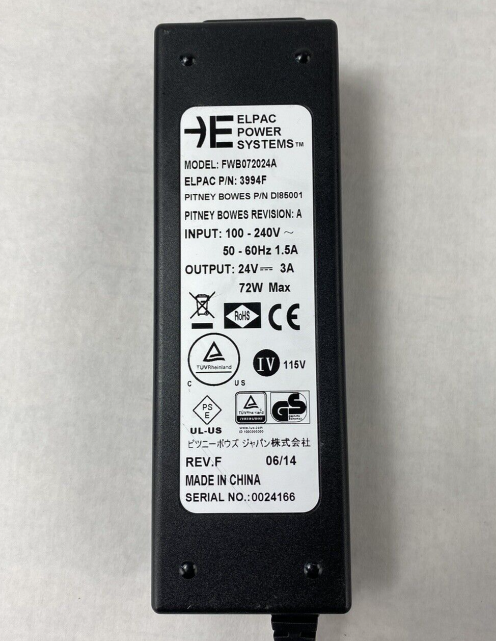 Elpac Power Systems FWB072024A AC Adapter Input 100-240v Output 24V 72W