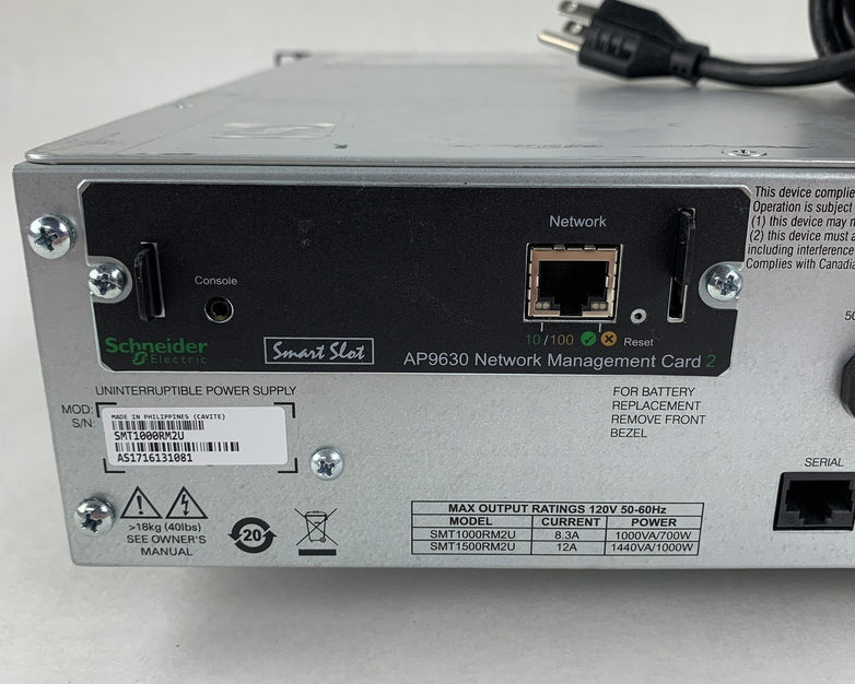 APC SMT1000RM2U Smart UPS Back Up Tested W/ AP9630 No Batteries No Faceplate