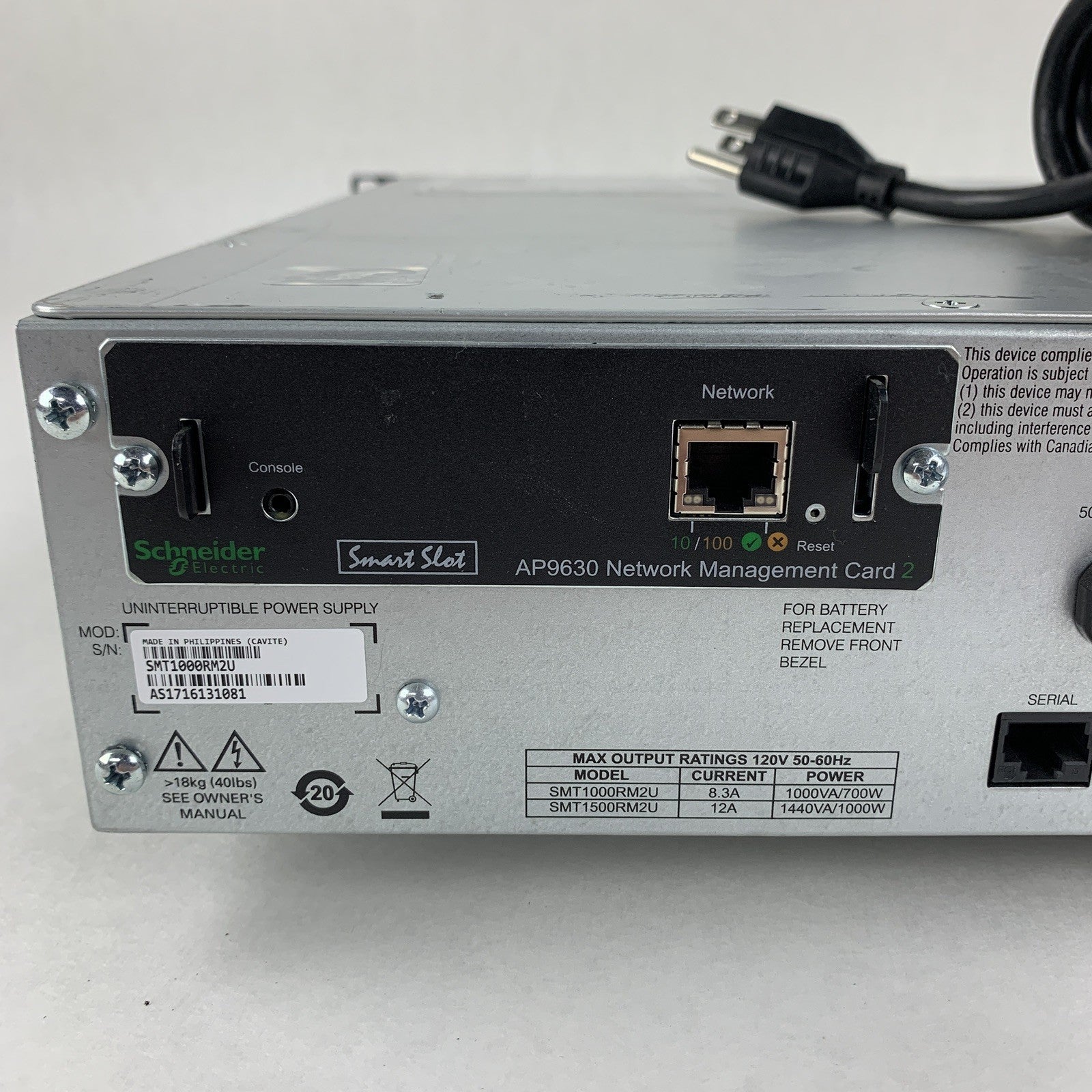 APC SMT1000RM2U Smart UPS Back Up Tested W/ AP9630 No Batteries No Faceplate