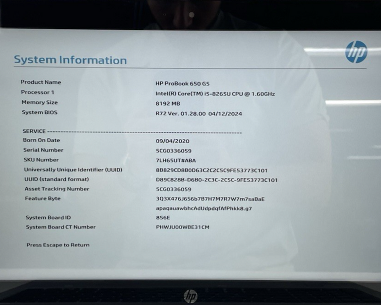 HP ProBook 650 G5 Touch i5-8265U 1.60 GHz 8 GB RAM 15.6" No HDD No OS No AC