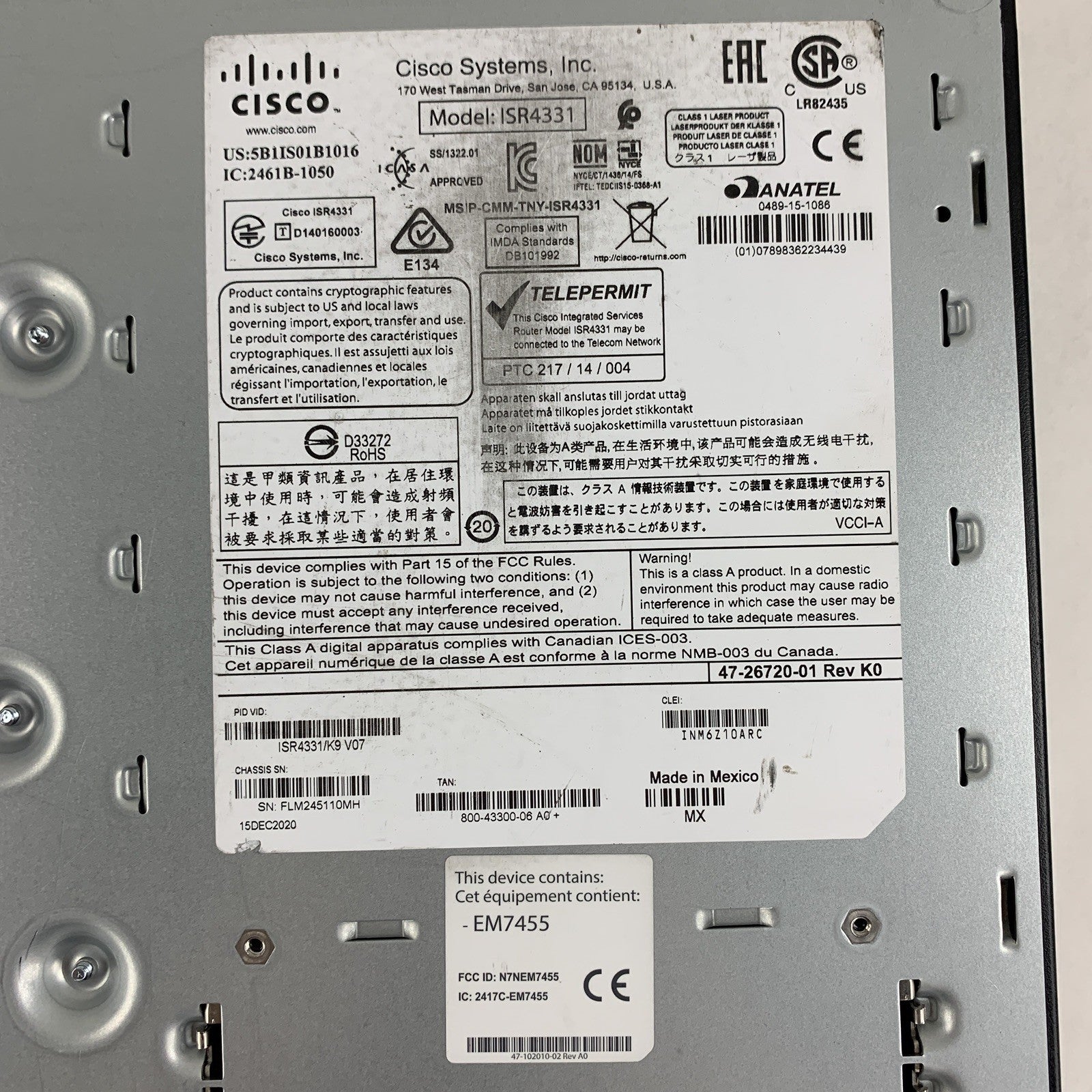 Cisco ISR4331/K9 Router Tested Reset W/ IPBase SecurityK9 License Rack Ears