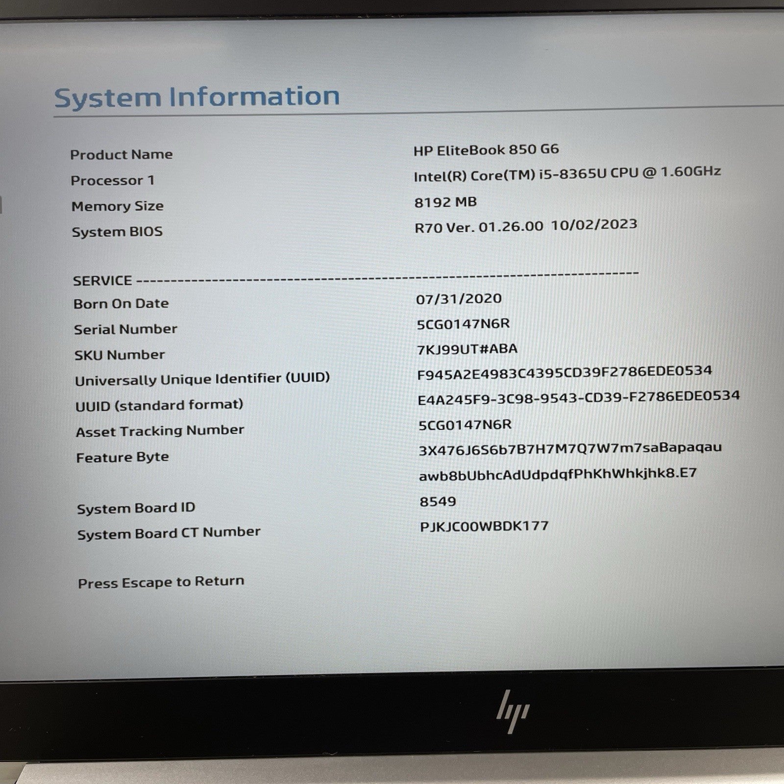 HP EliteBook 850 G6 15.6" i5-8365U 1.60 GHz 8 GB RAM No SSD/OS/AC - F3 Key2