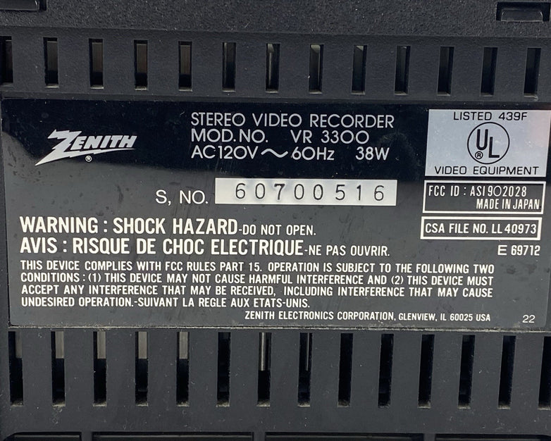 Zenith VR-3300 Stereo Video Recorder No Remote Tested