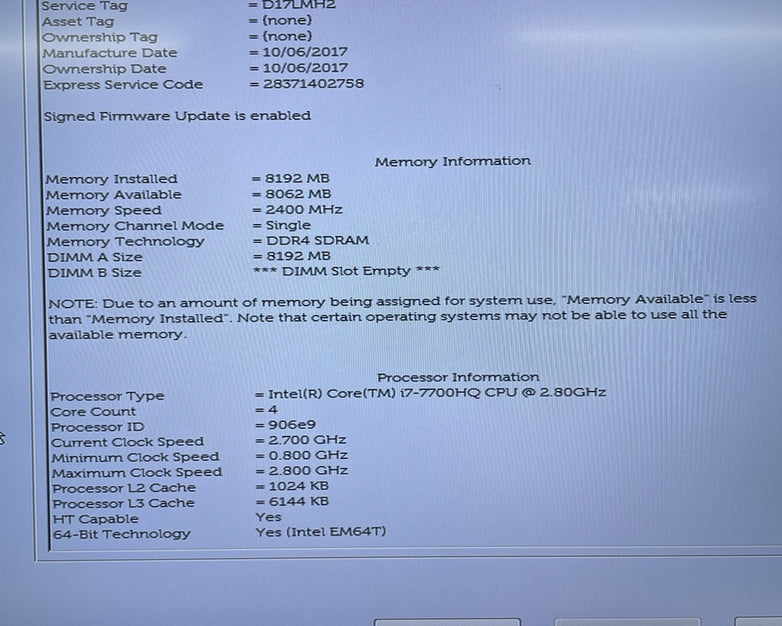 Dell XPS 15 9560 15.6" i7-7700HQ 2.80 GHz 8 GB RAM No SSD/OS/AC