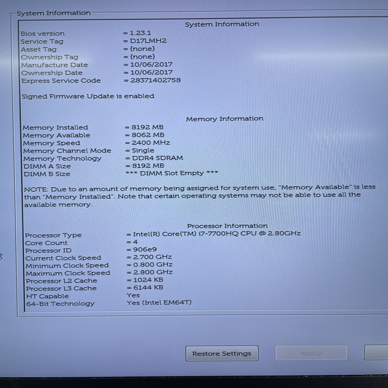 Dell XPS 15 9560 15.6" i7-7700HQ 2.80 GHz 8 GB RAM No SSD/OS/AC2