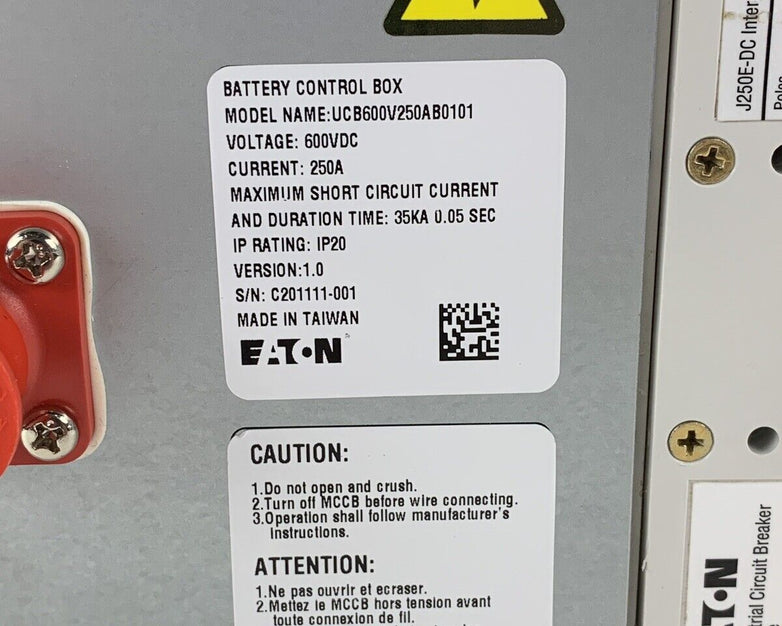Eaton UCB600V250AB0101 Battery Control Box 600VDC 250A w/ J250E-DC Trip Breaker