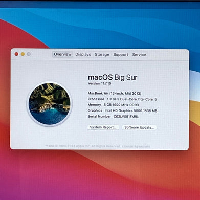 Apple MacBook Air A1466 2013 13" 1.3GHz i5 8GB RAM 120GB SSD os11.7.1 596 Cycles