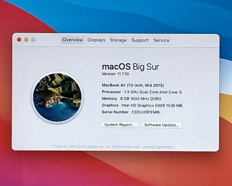 Apple MacBook Air A1466 2013 13" 1.3GHz i5 8GB RAM 120GB SSD os11.7.1 596 Cycles