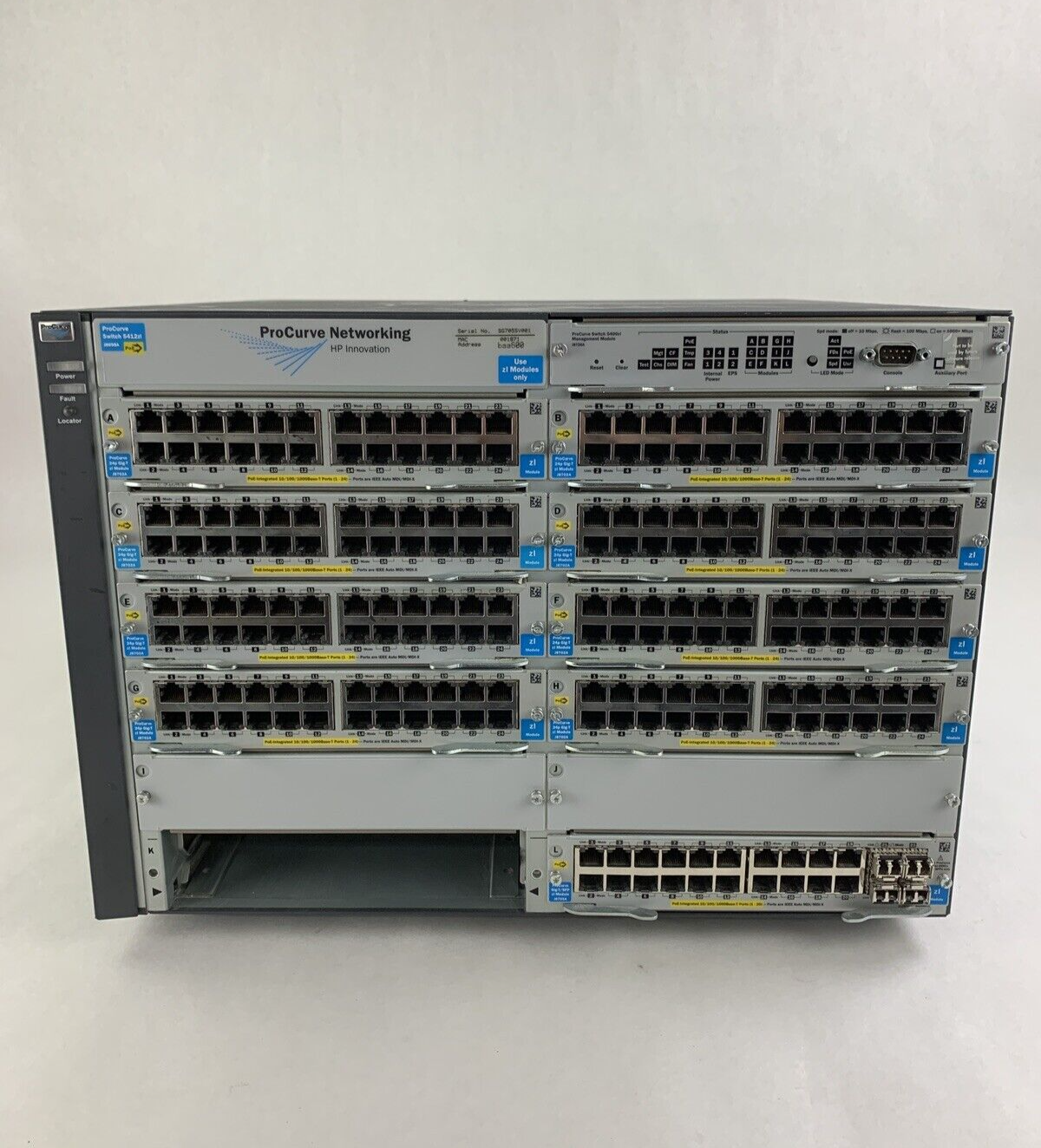 HP ProCurve J8698A 5412zl 8x J8702A 1x J8705A Gig PoE Network Switch Tested