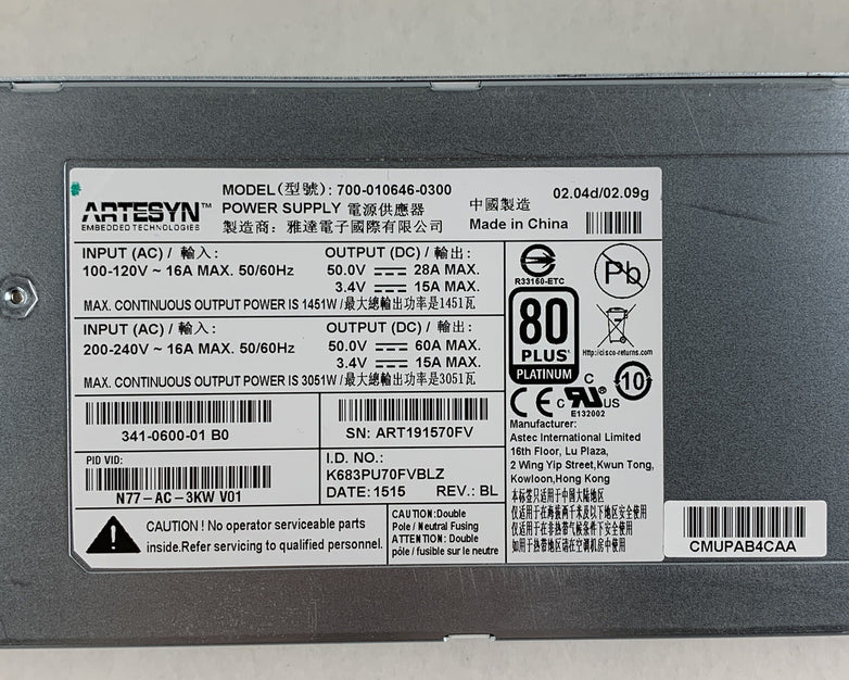 Artesyn 700-010646-0300 Power Supply N77-AC-3KW Nexus 7700 80 Plus Platinum