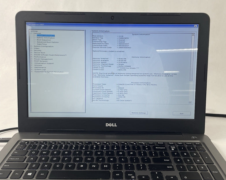 Dell Inspiron 5567 15.6" Core i7-7500U 2.7 GHz 8 GB RAM No HDD No OS No Battery
