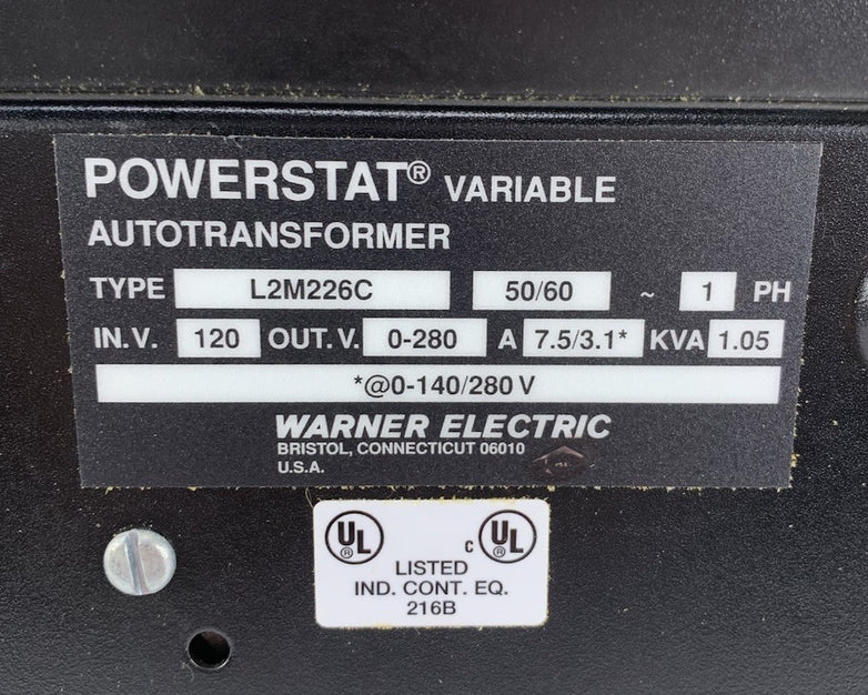 Warner Electric L2M226C Powerstat Variable Autotransformer - Tested