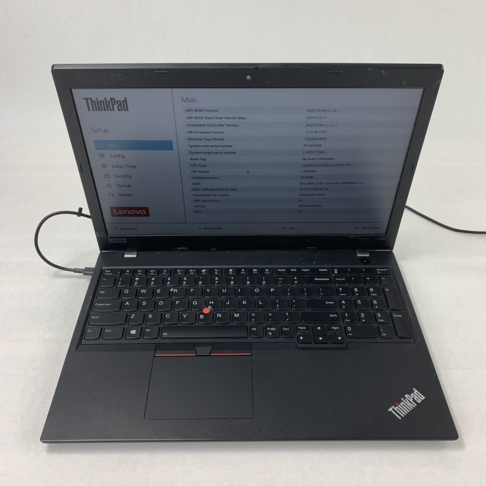 Lenovo ThinkPad L590 15" Laptop i5-8365U 1.6 GHz 8 GB Ram No OS No HDD No AC