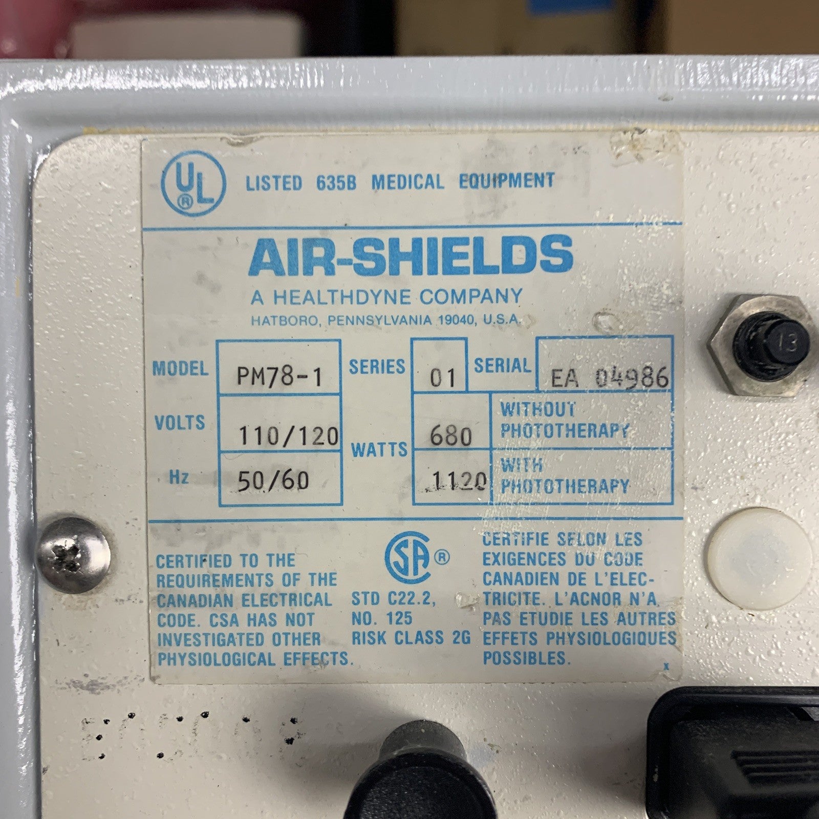 Air-Shields PM78-1 Infant Intensive Care System Powers and Heats