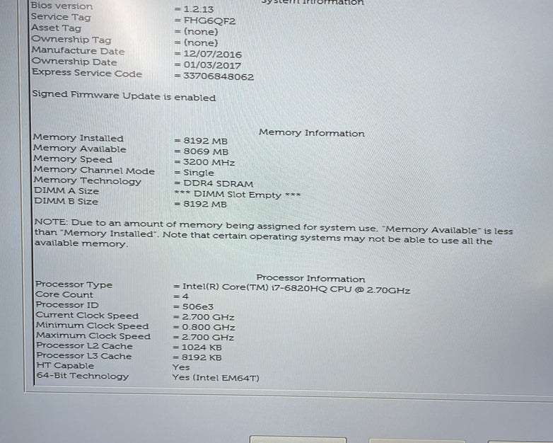 Dell Precision 5510 15.6" i7-6820HQ 2.70 GHz 8 GB RAM No SSD/OS/AC/Battery