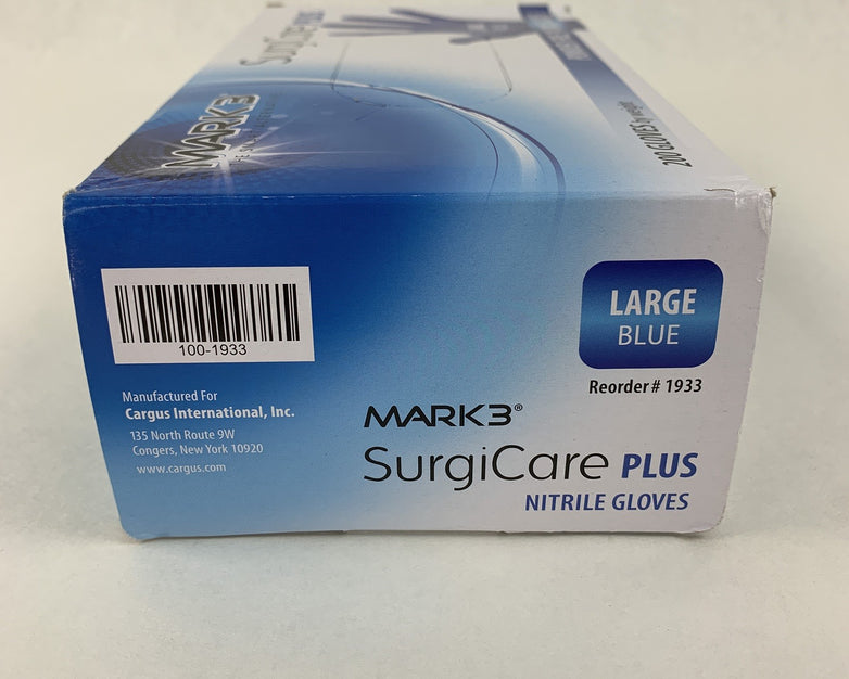 SurgiCare Plus Nitrile Exam Gloves Blue 200 Count Large  MARK3 1933 New