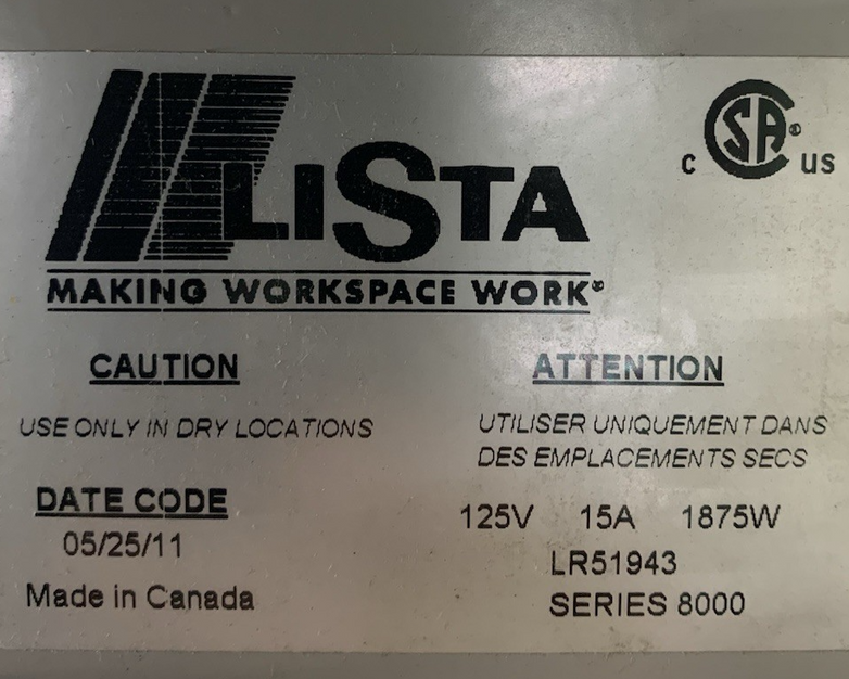 Lista LR51943 Series 8000 Workbench Power Strip 125V 15A 1875W - Outlets Tested