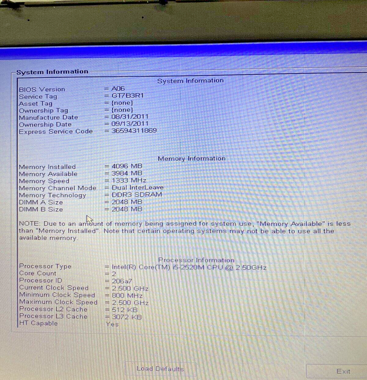 Dell Latitude E6520 15.6" Intel i5-2520M 2.50GHz 4GB RAM No Battery No HDD No OS