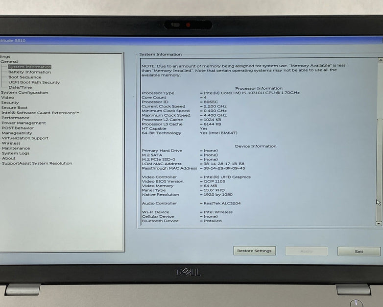 Dell Latitude 5510 Intel Core i5-10310U 1.70 GHz 16 GB RAM 15.6" No HDD No OS