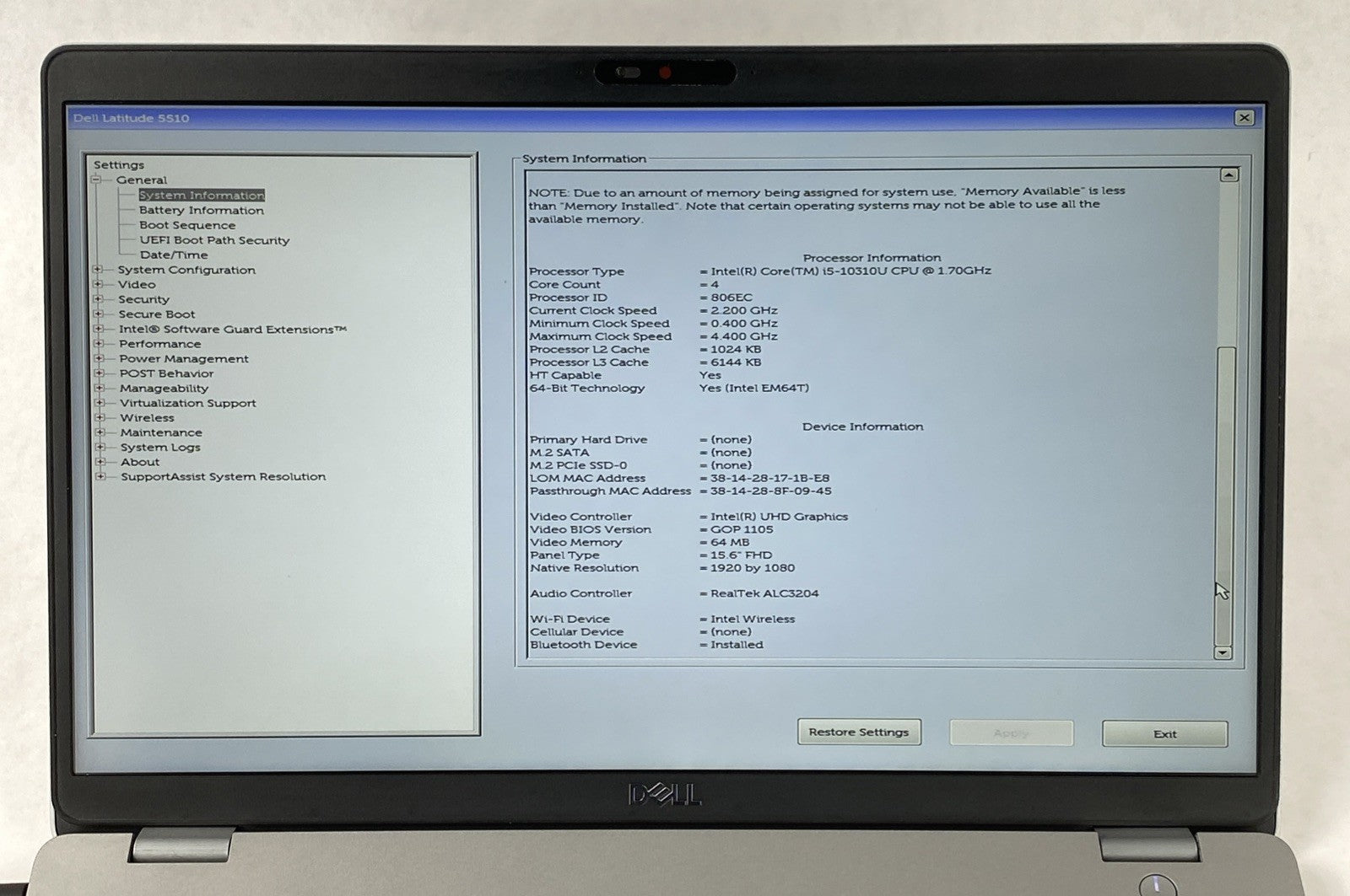 Dell Latitude 5510 Intel Core i5-10310U 1.70 GHz 16 GB RAM 15.6" No HDD No OS