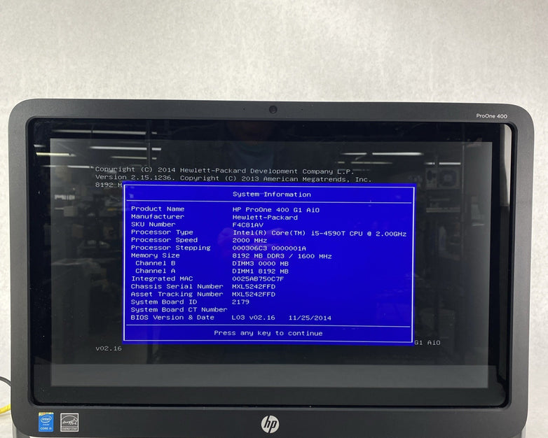 HP ProOne 400 G1 AIO 21.5" Touch Core i5-4590T 2.0GHz 1x8GB RAM No AC No HDD OS