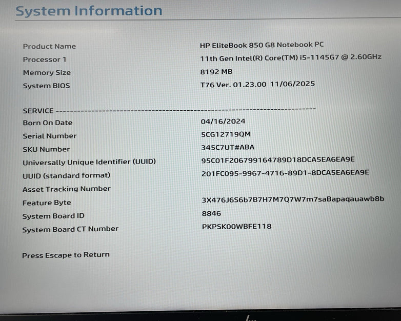 HP EliteBook 850 G8 15.6" i5-1145G7 2.60 GHz 8 GB RAM No SSD/OS/AC