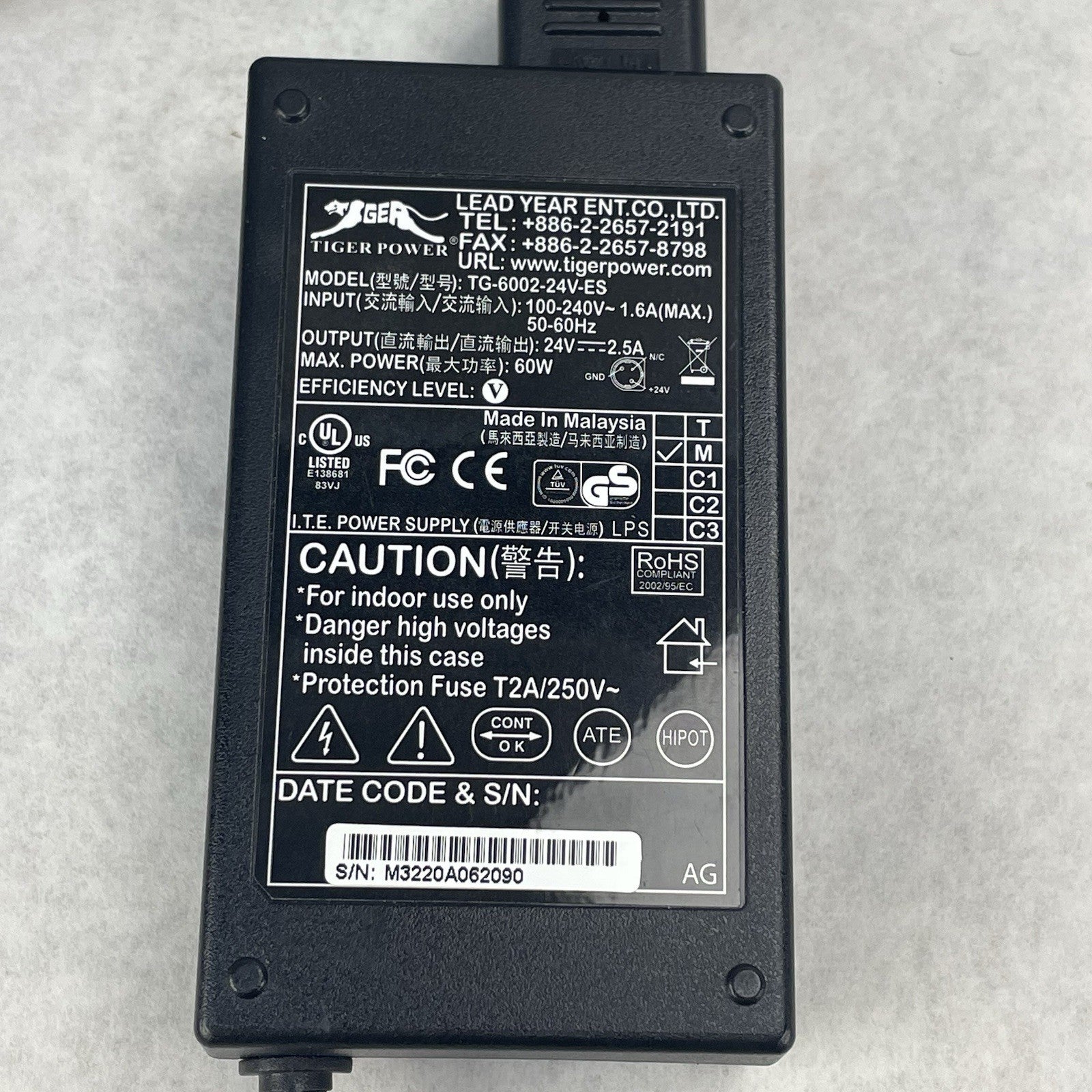 Tiger Power  TG-6002-24V-ES Ac Adapter for TPS A760 Thermal Printer 24V=2.5A5
