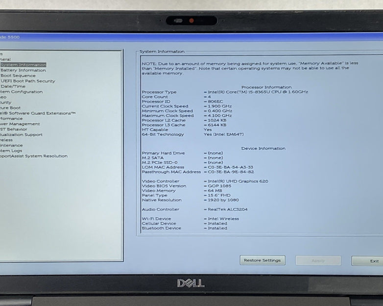 Dell Latitude 5500 Intel Core i5-8365U 1.60 GHz 8GB RAM 15.6" No HDD No OS
