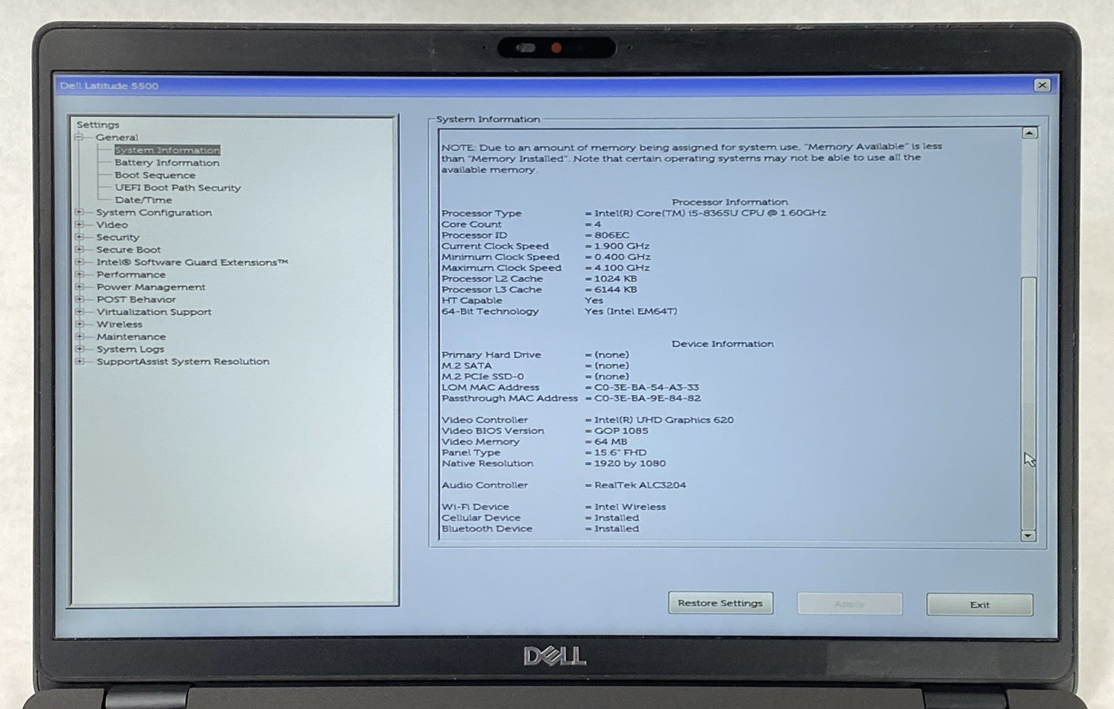 Dell Latitude 5500 Intel Core i5-8365U 1.60 GHz 8GB RAM 15.6" No HDD No OS