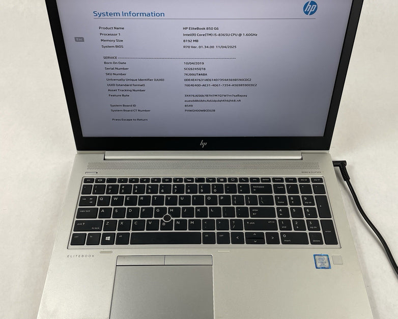 HP EliteBook 850 G6 15.6" i5-8365U 1.60 GHz 8 GB RAM No SSD/OS/AC - Bad USB