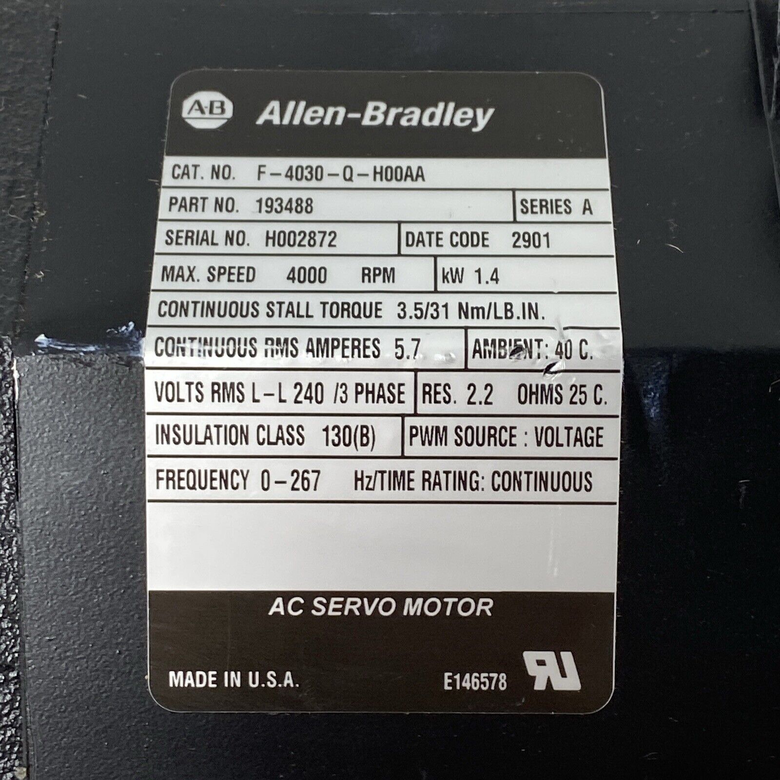 Allen Bradley F-4030-Q-H00AA Series A AC Servo Motor 193488