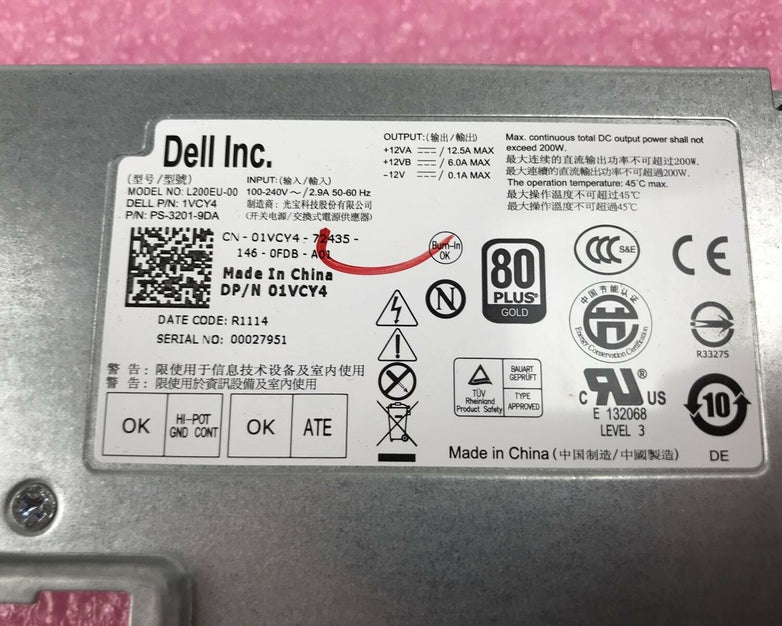 Dell 01VCY4 L200EU-00 USFF Computer Power Supply 200W Optiplex 7010 9010 9020