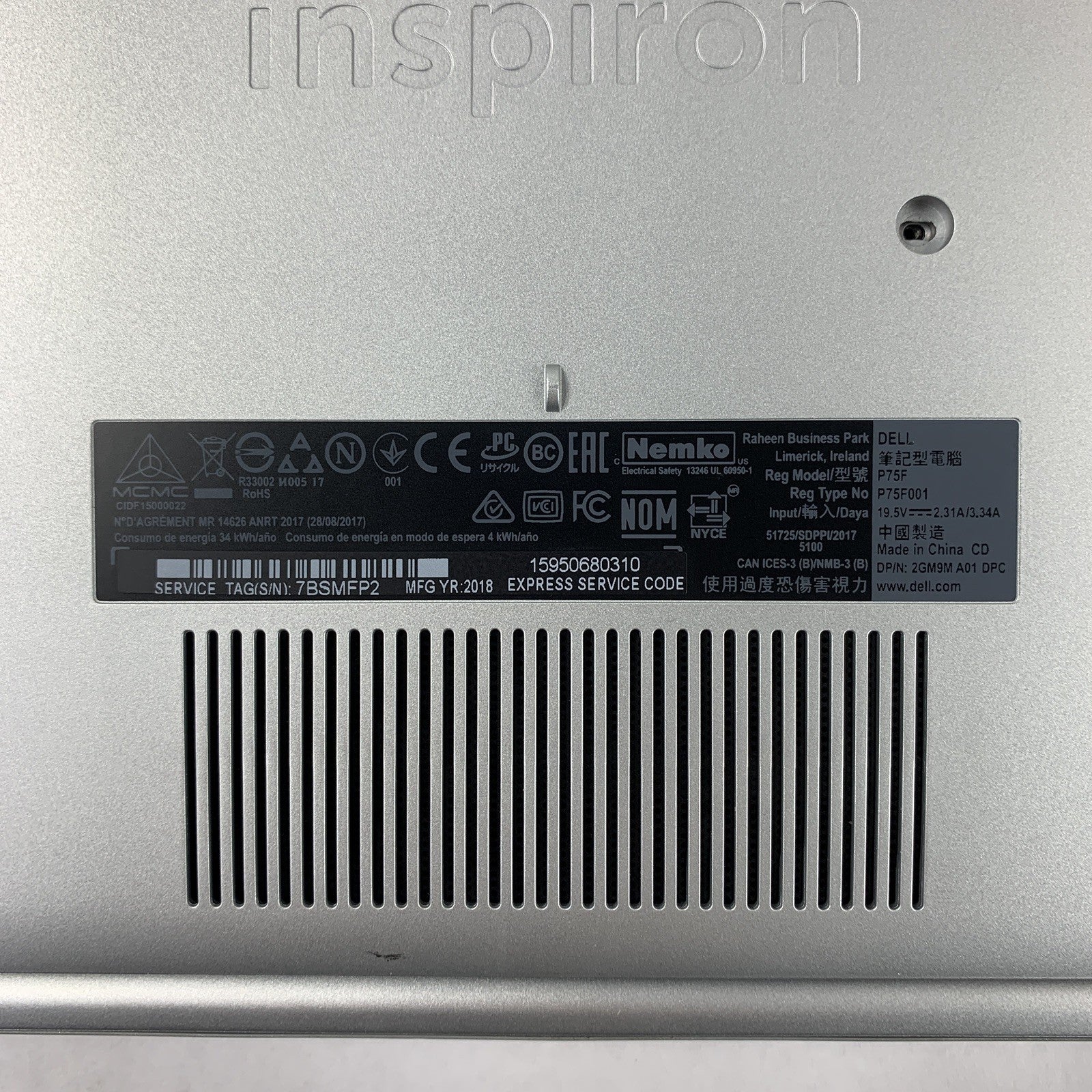 Dell Inspiron P75F Laptop 15.6" i7-8550U 1.80 GHz 12 GB Ram No SSD/OS/AC18