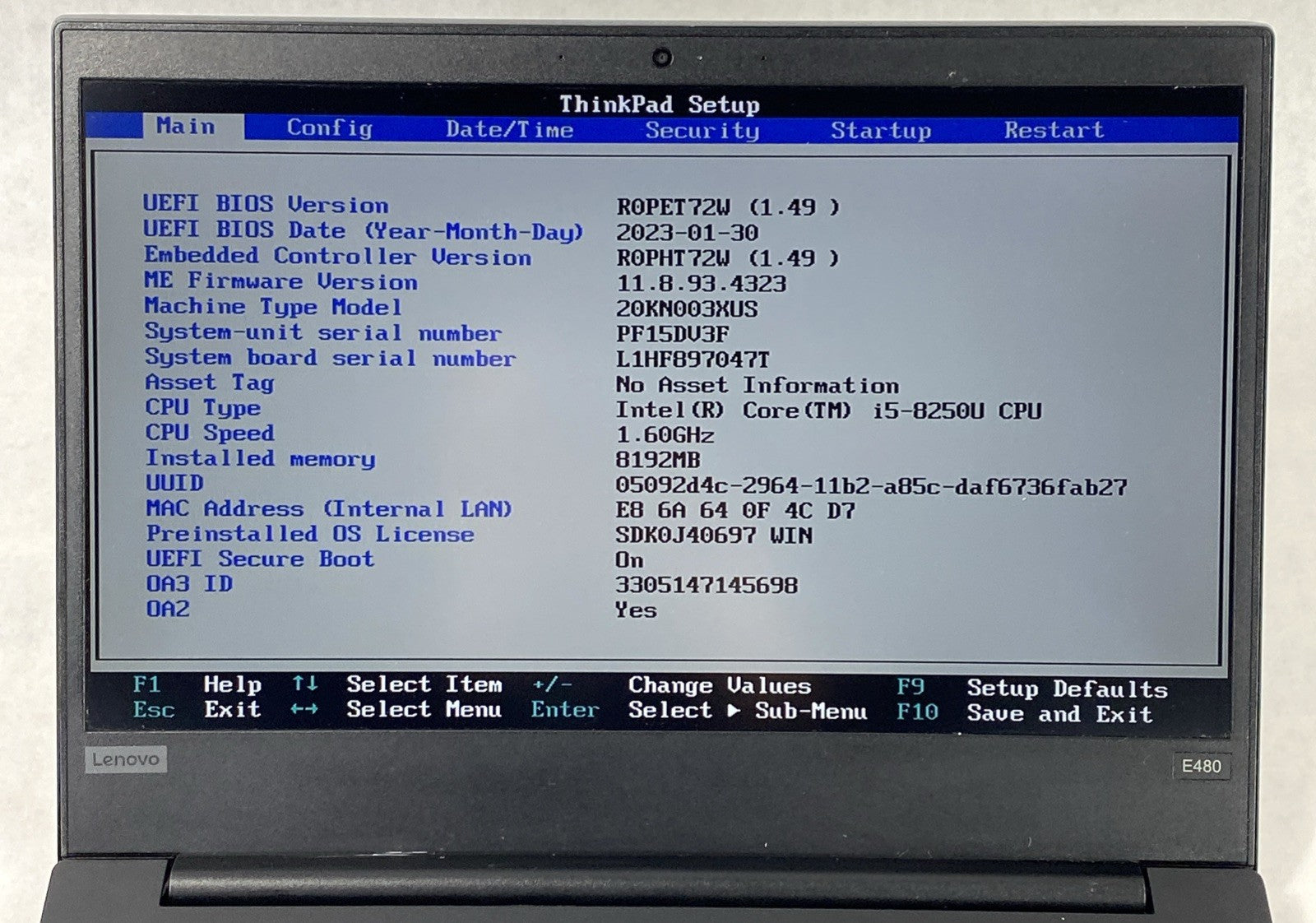 Lenovo ThinkPad E480 Intel Core i5-8250U 1.60 GHz 8GB RAM 14" No HDD No OS
