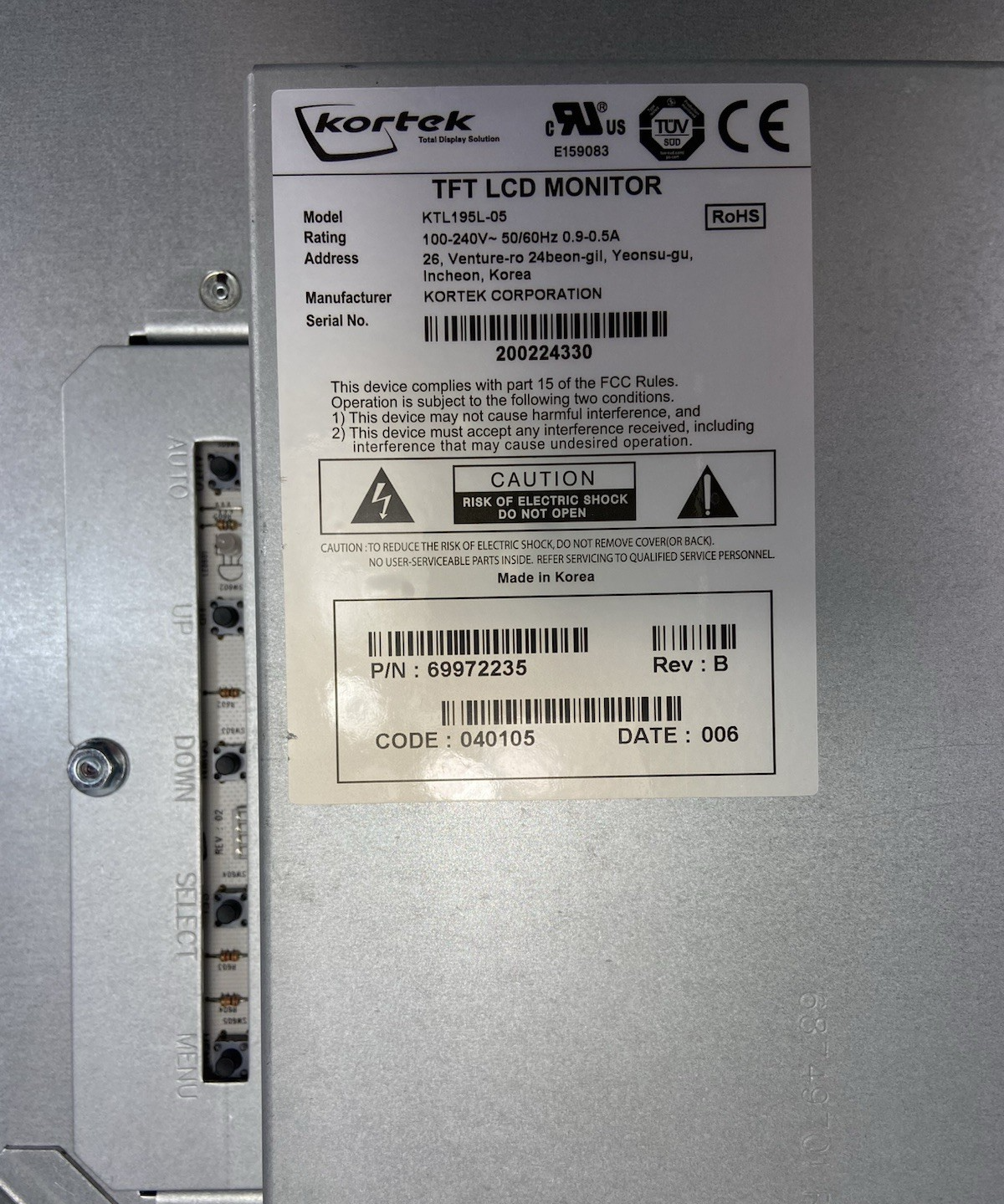 Kortek KTL195L-05 TFT LCD 19’’ Touchscreen Monitor - Needs Repair - No Bezel