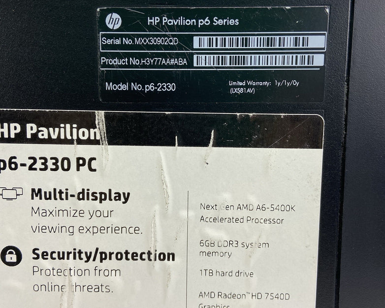 HP Pavilion P6-2330 MT AMD A6-5400K 3.6GHz 4GB RAM No HDD No OS