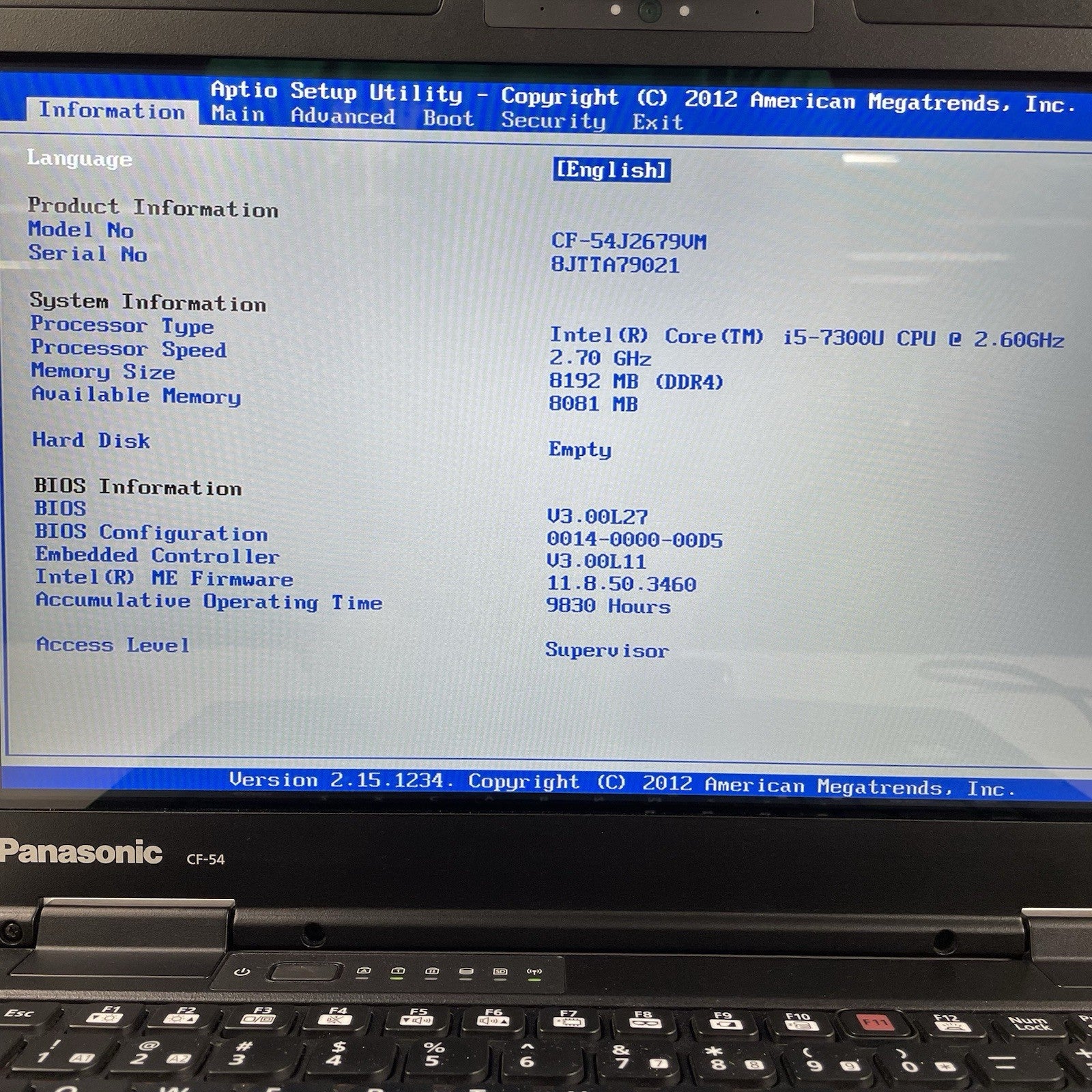 Panasonic ToughBook CF-54 14" i5-7300U 2.60 GHz 8 GB RAM No SSD/OS/AC/Batt2
