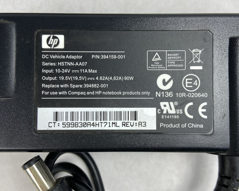 HP 90W DC Vehicle Travel Adapter 19.5V 4.62A Model HSTNN-AA07 Part 394159-001