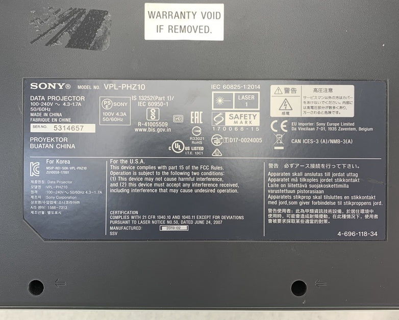 Sony VPL-PHZ10 LCD Laser Projector No Remote No Power Supply - Tested