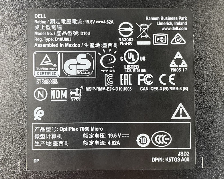 Dell Optiplex 7060 Micro i5-8500T 2.10 GHz 8 GB RAM W/AC No SSD/OS