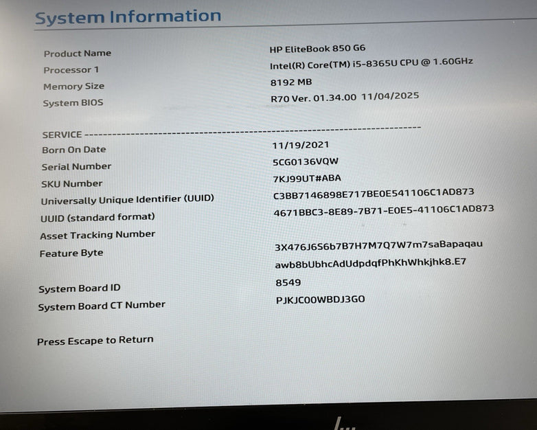 HP EliteBook 850 G6 15.6" i5-8365U 1.60 GHz 8 GB RAM No SSD/OS/AC - Bad DIMM