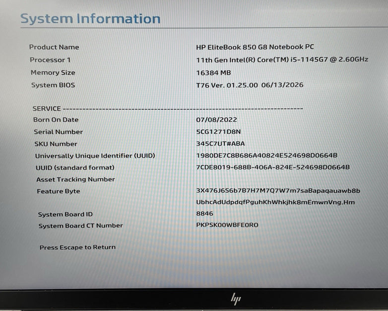 HP EliteBook 850 G8 15.6" i5-1145G7 2.60 GHz 16 GB RAM No SSD/OS/AC/Batt - Keys