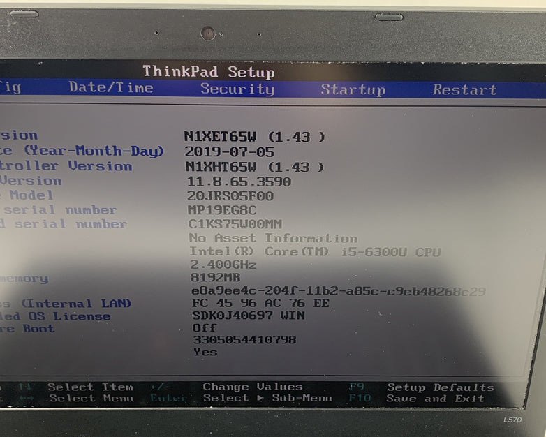 Lenovo ThinkPad L570 15.6" Intel i5-6300U 2.4 GHz 8 GB Ram No OS No HDD No AC