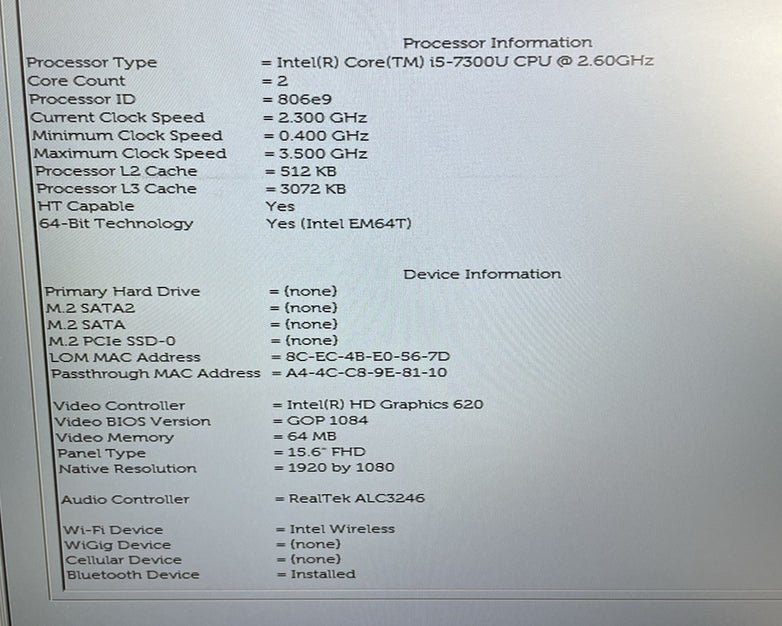 Dell Latitude 5580 15.6" i5-7300U 2.60 GHz 8 GB RAM No SSD/OS/AC
