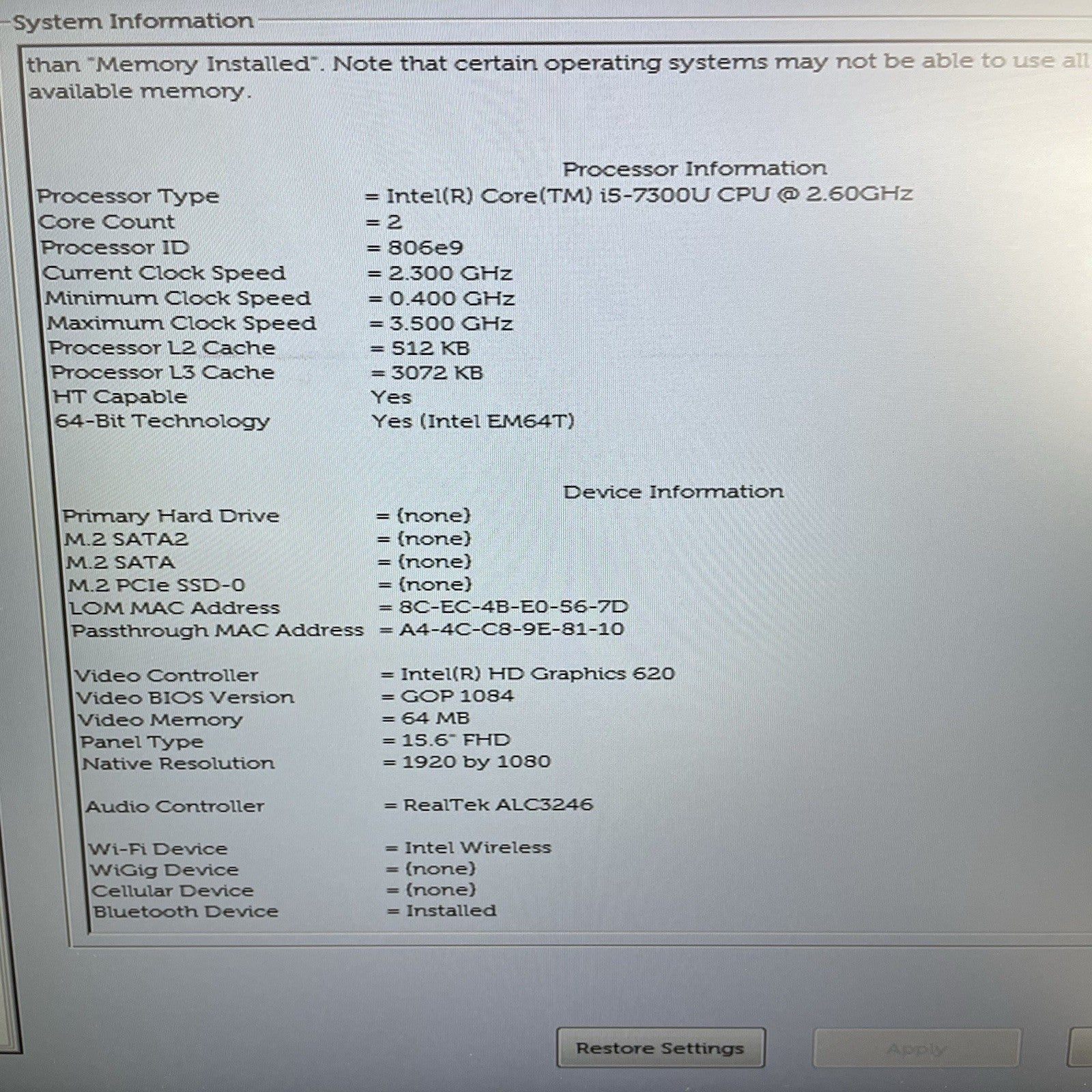 Dell Latitude 5580 15.6" i5-7300U 2.60 GHz 8 GB RAM No SSD/OS/AC3