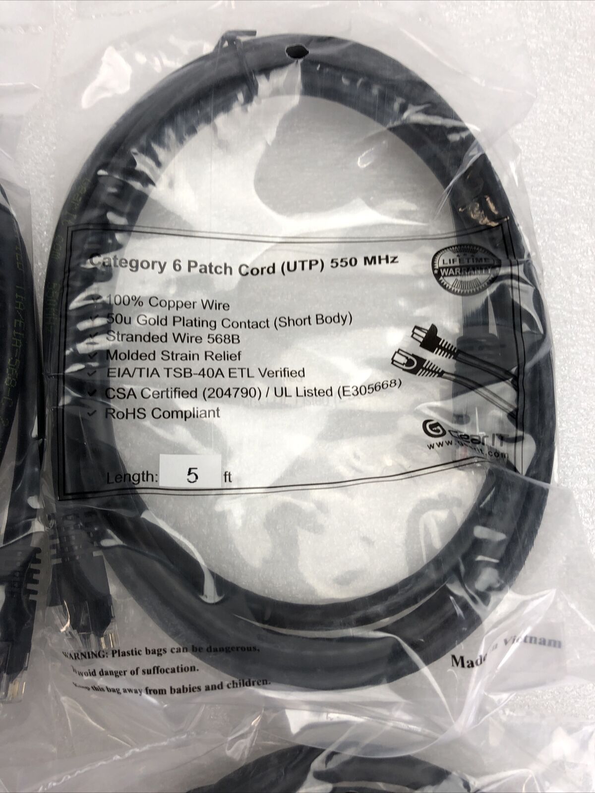 Category 6  Patch Cord UTP 5ft 550 Mhz (Lot of 4)
