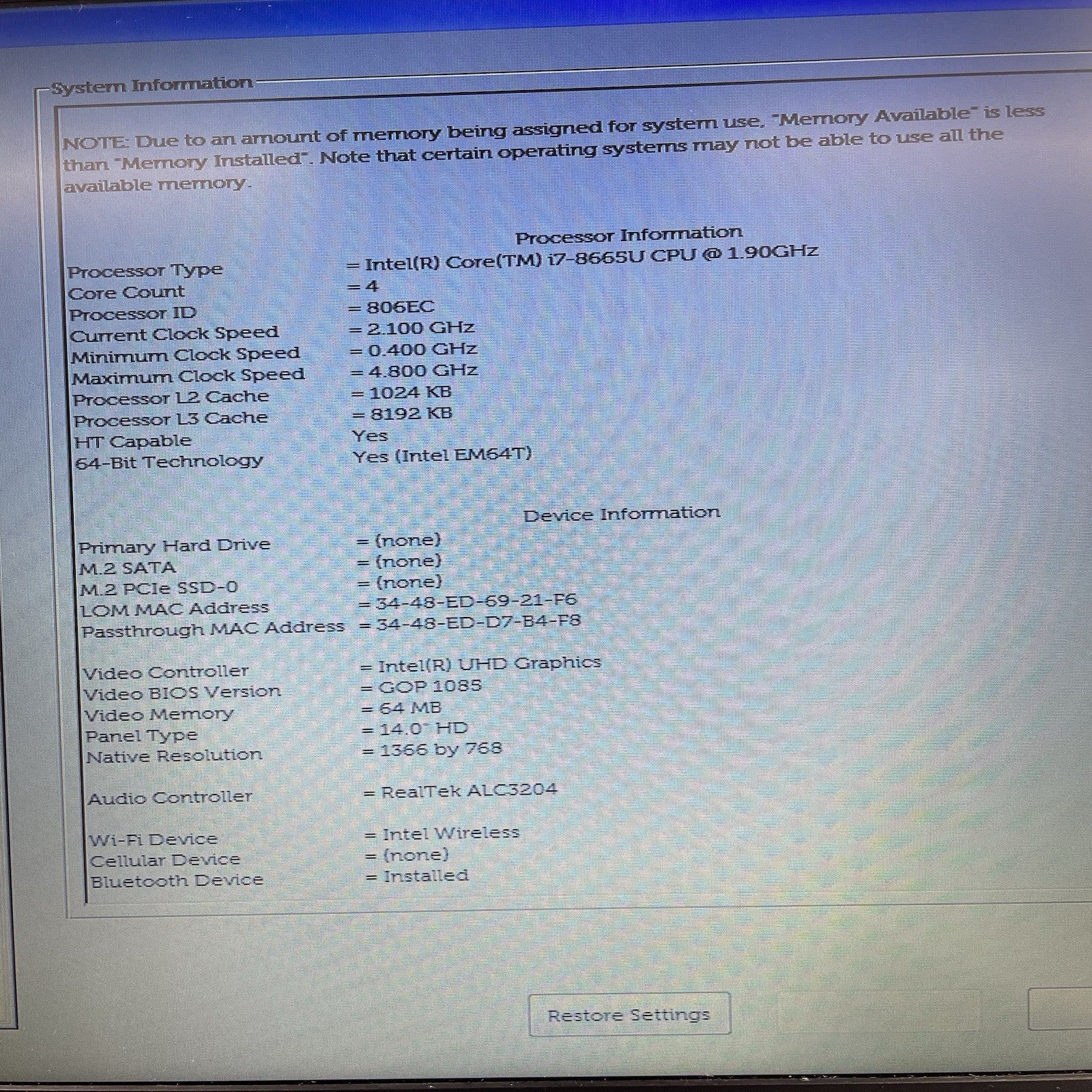 Dell Latitude 5400 14" i7-8665U 1.90 GHz 8 GB RAM No SSD/OS/AC3